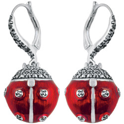 Ladybug Ladybird Drop Earrings 925 Sterling Silver Set with Red Enamel and Marcasite