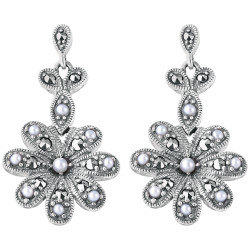 Floral Drop Earrings Victorian Style 925 Sterling Silver English Hallmarks Set With Marcasite and Pearls