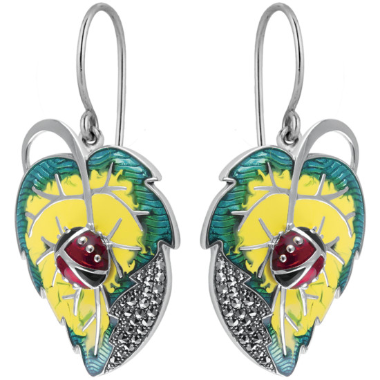 Ladybug Ladybird On Leaf Drop Earrings 925 Sterling Silver Set with Enamel and Marcasite