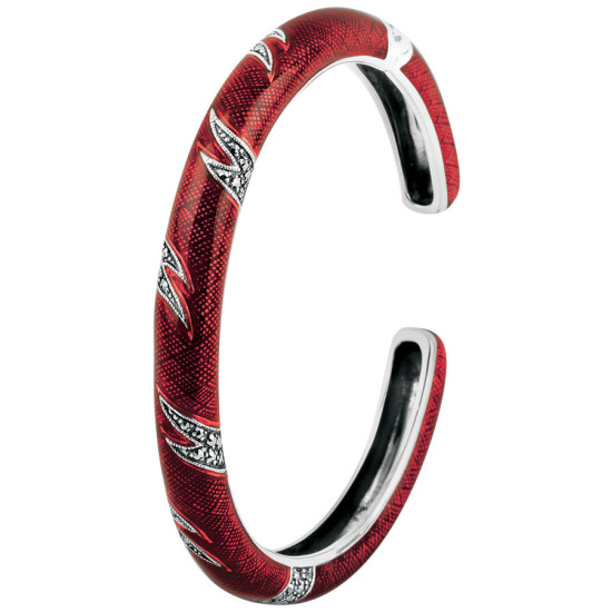 Cuff Bangle 925 Sterling Silver English Hallmarks Set with Red Enamel and Marcasite