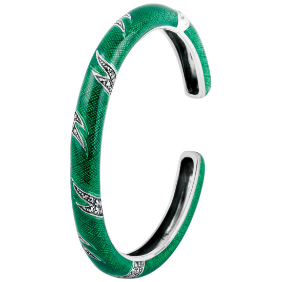 Cuff Bangle 925 Sterling Silver English Hallmarks Set with Green Enamel and Marcasite