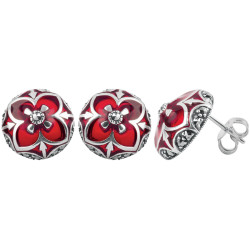 Elegant Stud Earrings Elizabethan Style 925 Sterling Silver English Hallmarks Set With Red Enamel and Marcasite