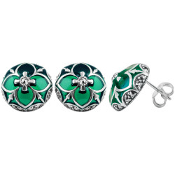 Elegant Stud Earrings Elizabethan Style 925 Sterling Silver English Hallmarks Set With Green Enamel and Marcasite