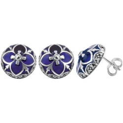 Elegant Stud Earrings Elizabethan Style 925 Sterling Silver English Hallmarks Set With Blue Enamel and Marcasite