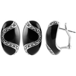 Elegant Stud Earrings Elizabethan Style 925 Sterling Silver English Hallmarks Set With Black Enamel and Marcasite