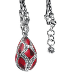 Egg Shaped Necklace Elizabethan Style 925 Sterling Silver English Hallmarks Set With Red Enamel and Marcasite