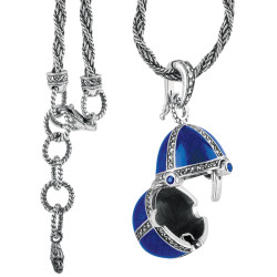 Opening Egg Shaped Necklace Elizabethan Style 925 Sterling Silver English Hallmarks Set With Blue Enamel and Marcasite