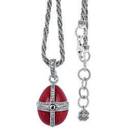 Opening Egg Shaped Necklace Elizabethan Style 925 Sterling Silver English Hallmarks Set With Red Enamel and Marcasite