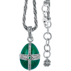 Opening Egg Shaped Necklace Elizabethan Style 925 Sterling Silver English Hallmarks Set With Green Enamel and Marcasite