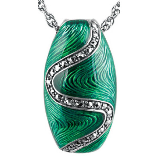 Elegant Necklace Elizabethan Style 925 Sterling Silver English Hallmarks Set With Green Enamel and Marcasite