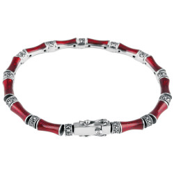 Elegant Bracelet Bamboo Style 925 Sterling Silver English Hallmarks Set With Red Enamel and Marcasite