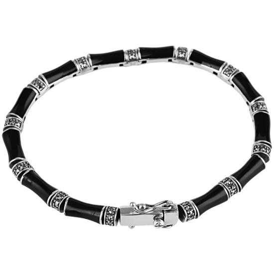 Elegant Bracelet Bamboo Style 925 Sterling Silver English Hallmarks Set With Black Enamel and Marcasite