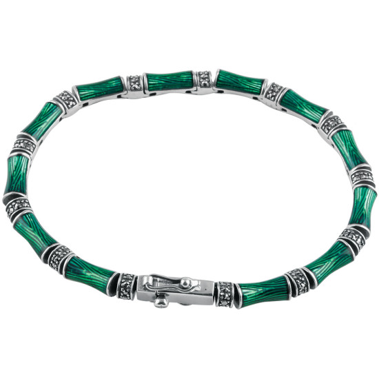 Elegant Bracelet Bamboo Style 925 Sterling Silver English Hallmarks Set With Green Enamel and Marcasite