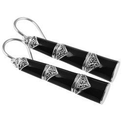 Drop Earrings Bamboo Style 925 Sterling Silver English Hallmarks Set With Black Enamel and Marcasite