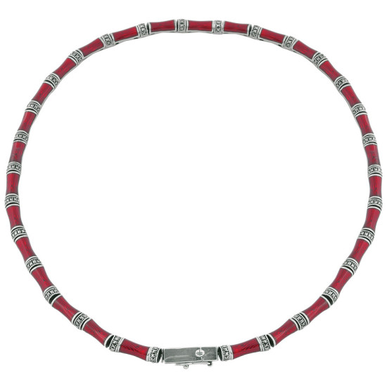 Choker Necklace Bamboo Style 925 Sterling Silver English Hallmarks Set With Red Enamel and Marcasite