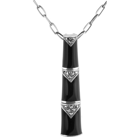 Pendant Necklace Bamboo Style 925 Sterling Silver English Hallmarks Set With Black Enamel and Marcasite