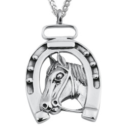 Horse Head in Horseshoe Pendant 925 Sterling Silver English Hallmarks on 18" Sterling Silver Rope Chain
