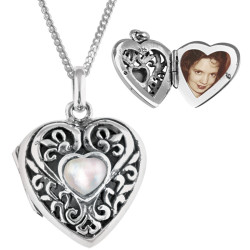Heart Pendant Necklace Victorian Style 925 Sterling Silver English Hallmarks Set With Mother of Pearl on 20" Sterling Silver Curb Chain