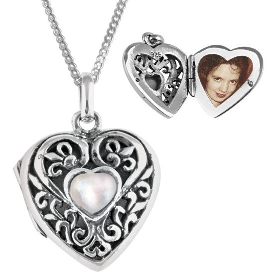Heart Pendant Necklace Victorian Style 925 Sterling Silver English Hallmarks Set With Mother of Pearl on 20" Sterling Silver Curb Chain