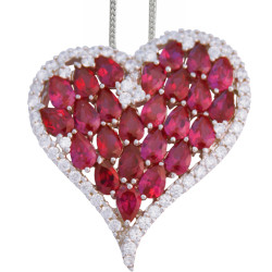 Heart Pendant Necklace 925 Sterling Silver English Hallmarks Set With Red and Clear Cubic Zirconia
