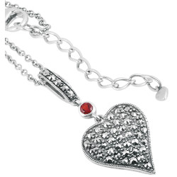 Heart Shaped Necklace Victorian Style 925 Sterling Silver English Hallmarks Set With Marcasite and Garnet on 16" Chain