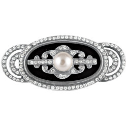 Elegant Pin Brooch Art Deco Style 925 Sterling Silver English Hallmarks Set With Black Enamel Pearl And Cubic Zirconia
