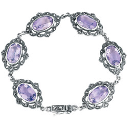 Elegant Bracelet Victorian Style 925 Sterling Silver English Hallmarks Set With Amethyst and Marcasite
