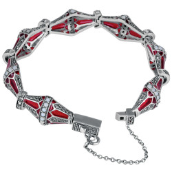 Elegant Bracelet Elizabethan Style 925 Sterling Silver English Hallmarks Set With Red Enamel Opal and Marcasite