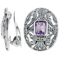 Elegant Clip on Earrings Victorian Style 925 Sterling Silver English Hallmarks Set With Amethyst and Marcasite
