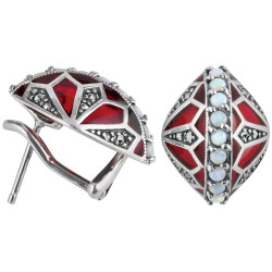 Elegant Earrings Elizabethan Style 925 Sterling Silver English Hallmarks Set With Red Enamel Opal and Marcasite