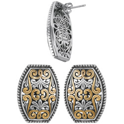 Floral Design Stud Earrings Victorian Style 925 Sterling Silver English Hallmarks With Gold Plating