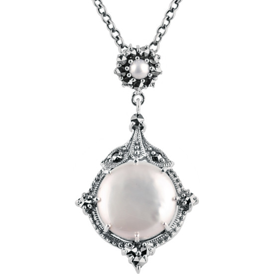Elegant Necklace Victorian Style 925 Sterling Silver English Hallmarks Set With Cultured Pearl and Marcasite on 16" Chain