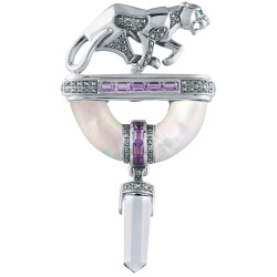 Panther Brooch Art Deco Style 925 Sterling Silver English Hallmarks Set With Mother Of Pearl Emerald Eyes and Amethyst
