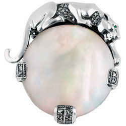 Panther Brooch Art Deco Style 925 Sterling Silver English Hallmarks Set With Mother Of Pearl Marcasite and Emerald Eyes