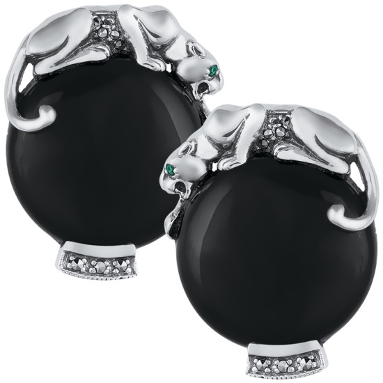 Panther Earrings Art Deco Style 925 Sterling Silver English Hallmarks Set With Black Onyx Marcasite and Emerald Eyes