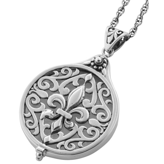 Fleur de Lys Magnifying Glass Pendant Victorian Style 925 Sterling Silver English Hallmarks Set with Marcasite on 26" Silver Rope Chain