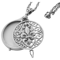 Fleur de Lys Magnifying Glass Pendant Victorian Style 925 Sterling Silver English Hallmarks Set with Marcasite on 26" Silver Rope Chain