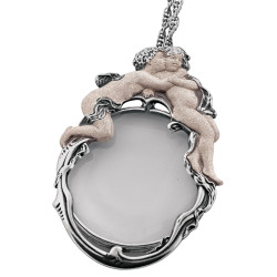 Cherub Magnifying Glass Pendant Victorian Style 925 Sterling Silver English Hallmarks with Sandblasting on 32" Silver Belcher Chain