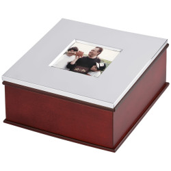 Keepsake Box with Photo Frame Lid 925 Sterling Silver English Hallmarks with Mahogany Finish 5cm x 5cm