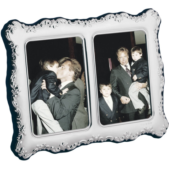 Classic Double Photo Frame Victorian Style 925 Sterling Silver English Hallmarks with Blue Velvet Back 9cm x 6cm