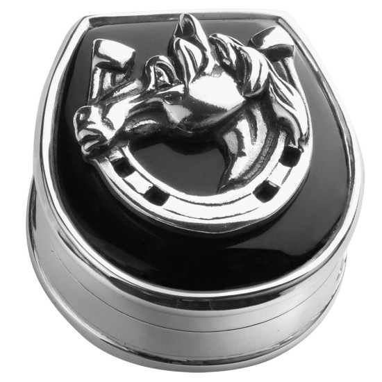 Horse Head in Horshoe Pill Box 925 Sterling Silver English Hallmarks Set with Onyx