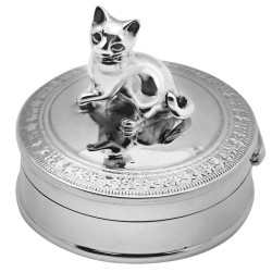 Cat on Round Pill Box 925 Sterling Silver English Hallmarks