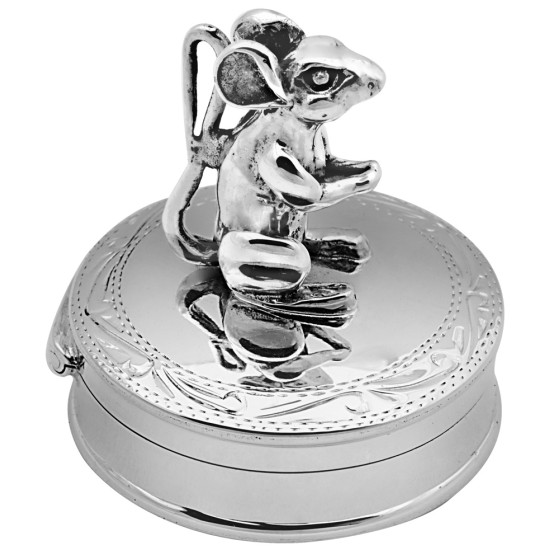 Mouse on Round Pill Box 925 Sterling Silver English Hallmarks