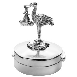 Stork and Baby on Round Pill Box 925 Sterling Silver English Hallmarks