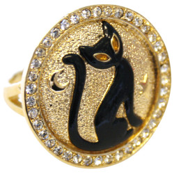 Halloween Cat Ring Gold Plated Metal Alloy Set With Enamel and Sparkling Austrian Crystals