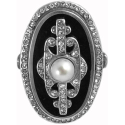 Elegant Ring Art Deco Style 925 Sterling Silver English Hallmarks Set with Austrian Crystals Black Enamel and a Pearl