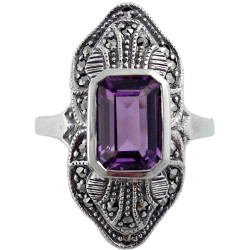 Elegant Ring Victorian Style 925 Sterling Silver English Hallmarks Set with Amethyst and Marcasite
