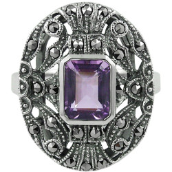 Elegant Ring Victorian Style 925 Sterling Silver English Hallmarks Set with Amethyst and Marcasite