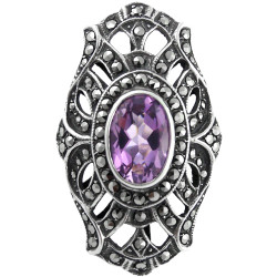 Elegant Ring Victorian Style 925 Sterling Silver English Hallmarks Set with Amethyst and Marcasite