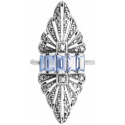 Elegant Ring Victorian Style 925 Sterling Silver English Hallmarks Set with Synthetic Aquamarine and Marcasite